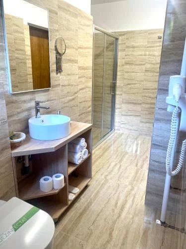 Shower enclosure and washbasin